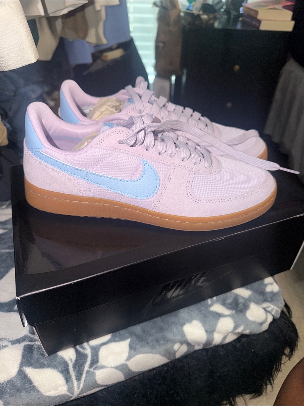 Nike Women's Lavender Sneakers with Light Blue Swoosh and Gum Sole